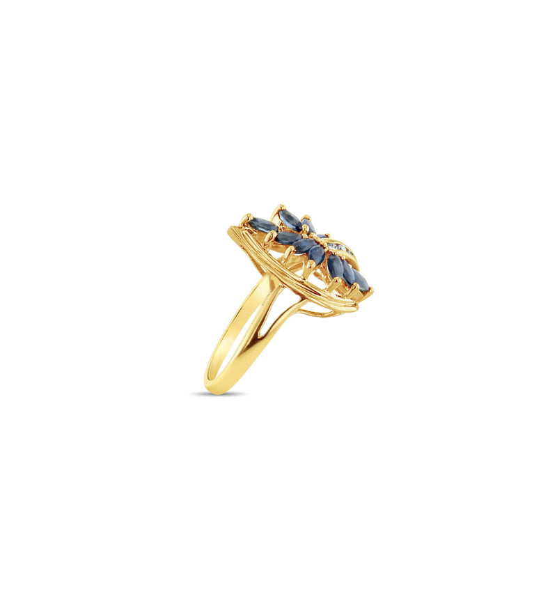 One Carat Marquise Sapphire Cluster Ring w. Diamond Cluster 14k Yellow Gold