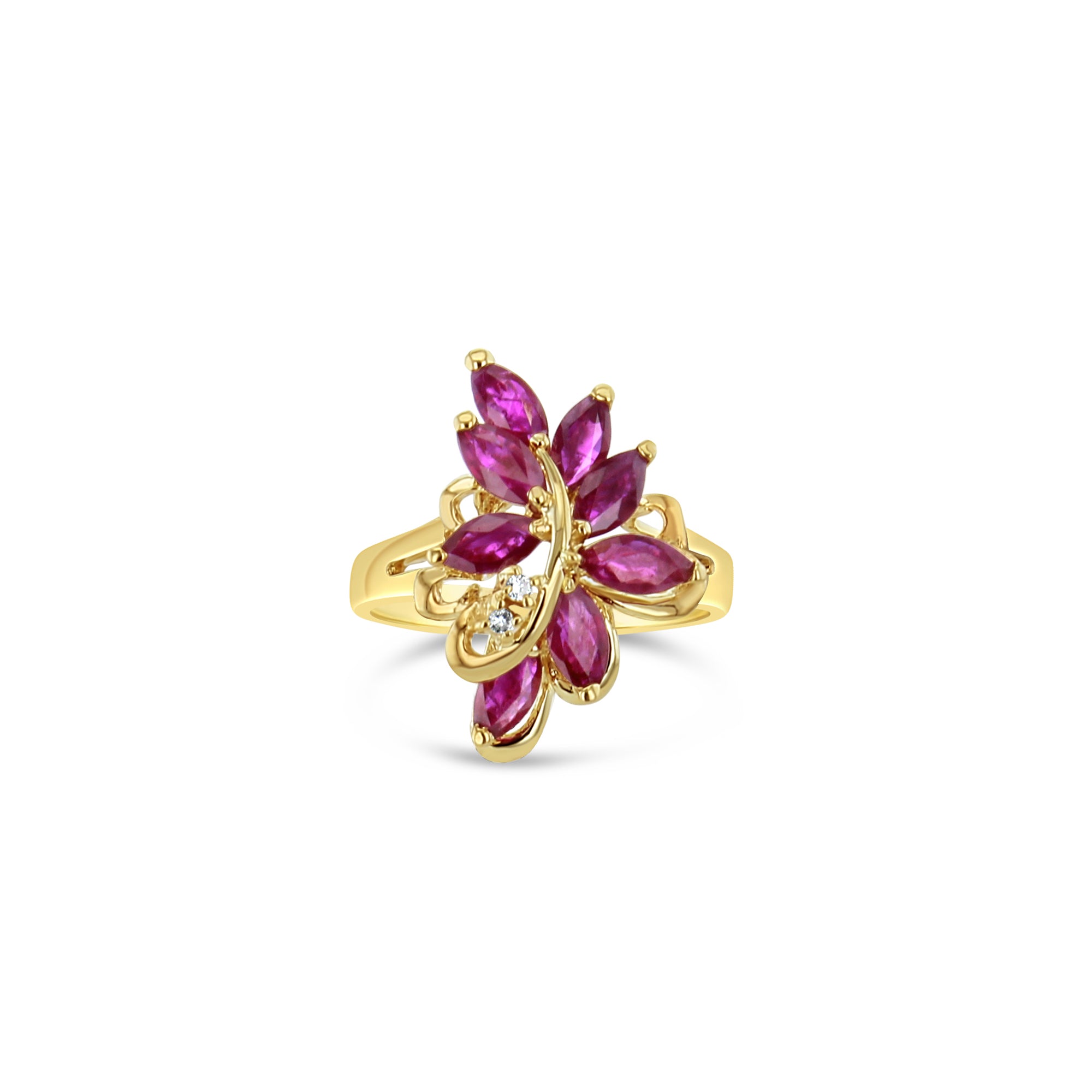 Bague marquise en or jaune 14 carats avec motif floral et feuille de rubis