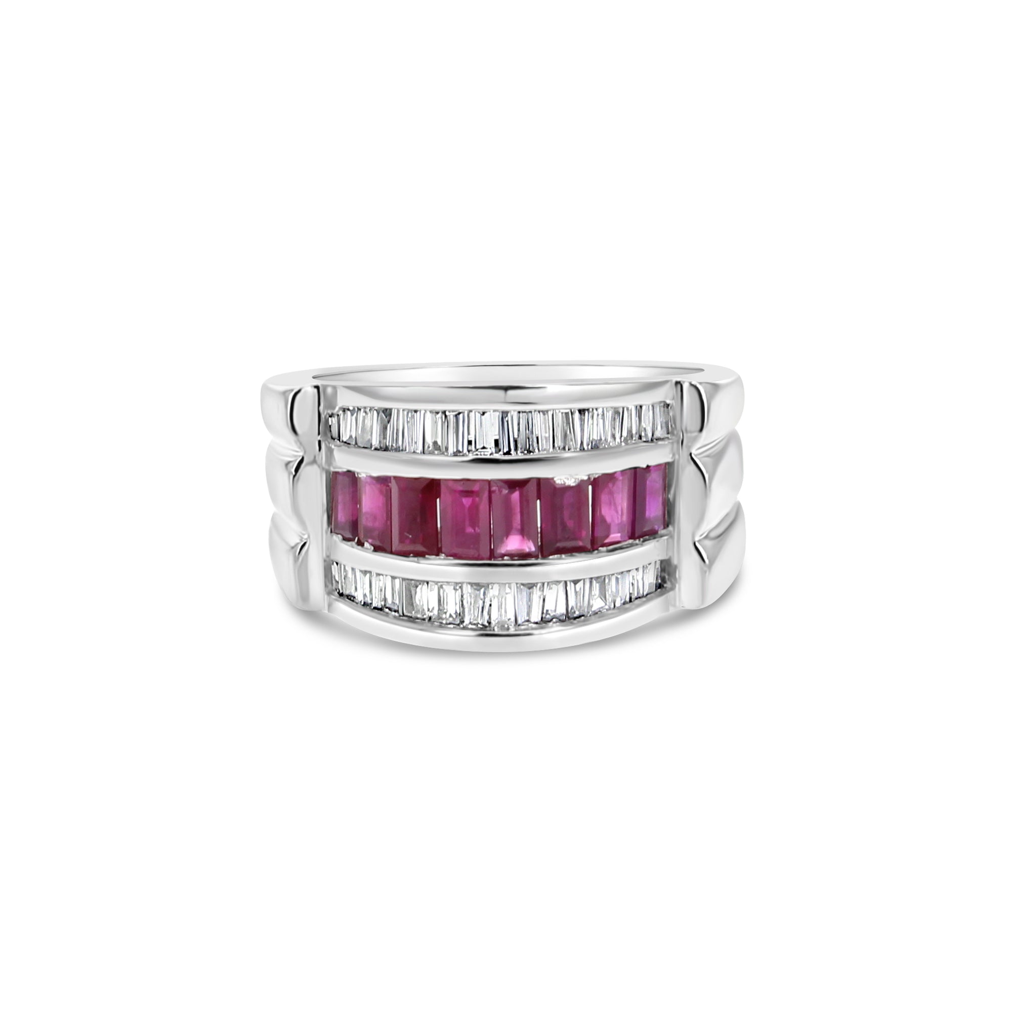 Bague cocktail en or blanc 14 carats avec rubis et diamants baguette 2,00 ct