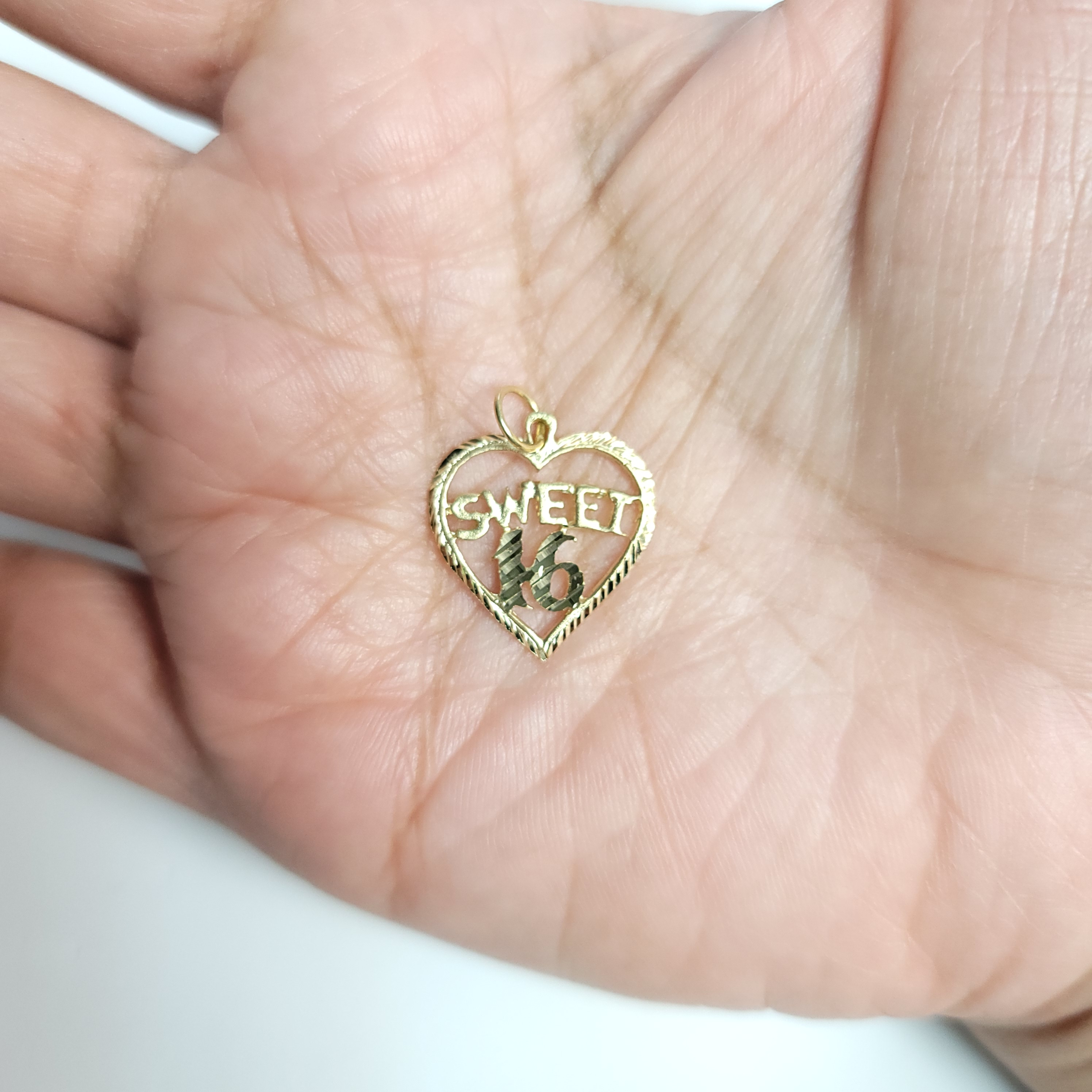 Heart Shaped Sweet 16 Charm/Pendant with Diamond Cuts 14k Yellow Gold