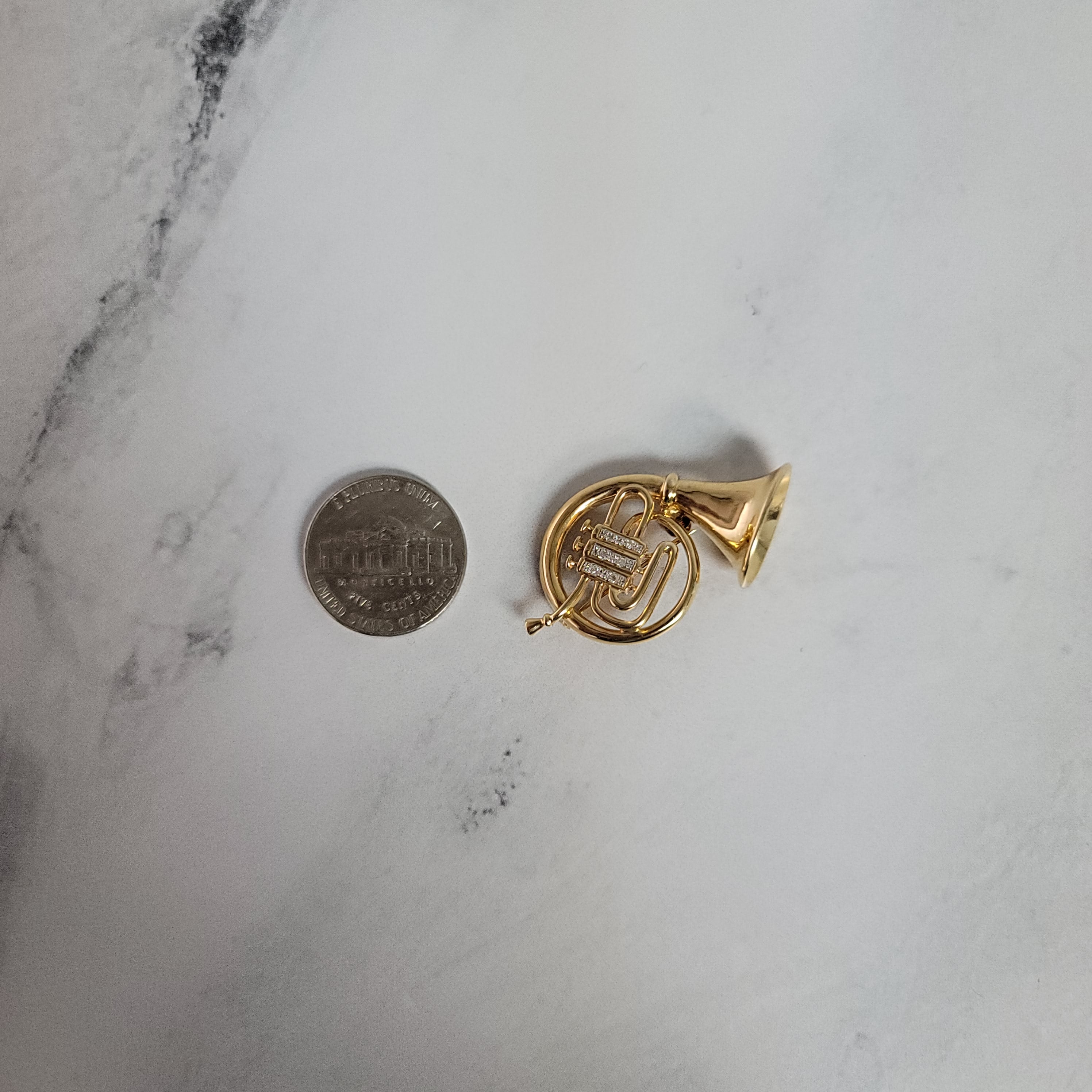 Diamond French Horn Brooch .10cttw 14k Yellow Gold