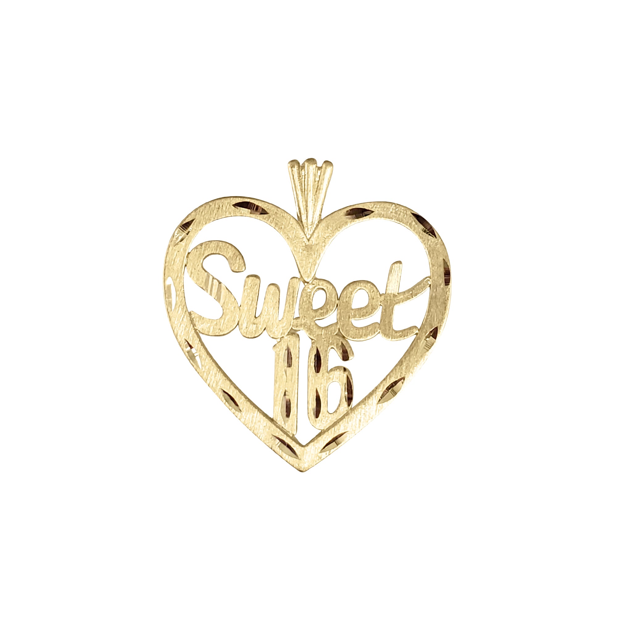 Sweet 16 Heart Shaped w. Diamond Cuts Charm/Pendant 14k Yellow Gold