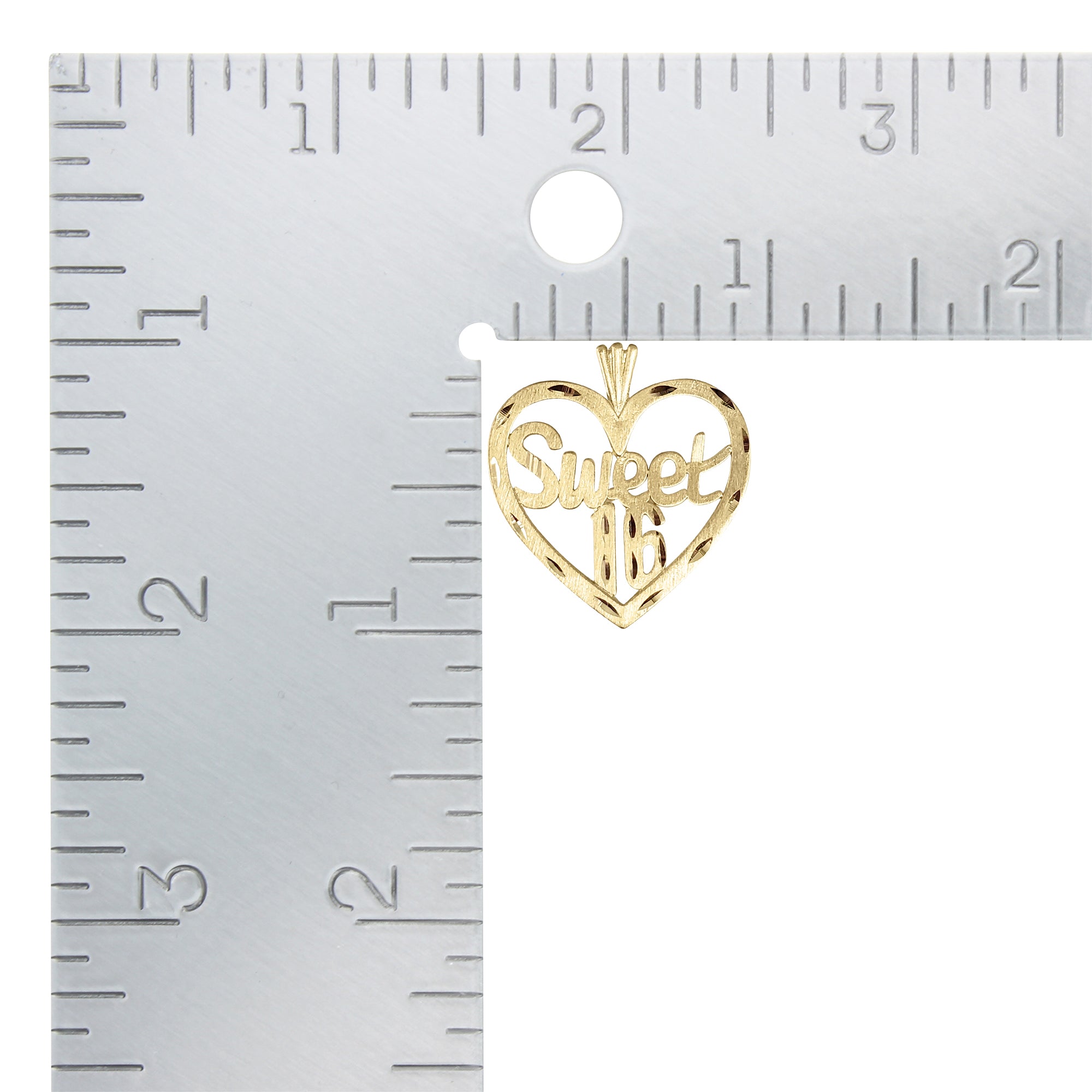 Sweet 16 Heart Shaped w. Diamond Cuts Charm/Pendant 14k Yellow Gold