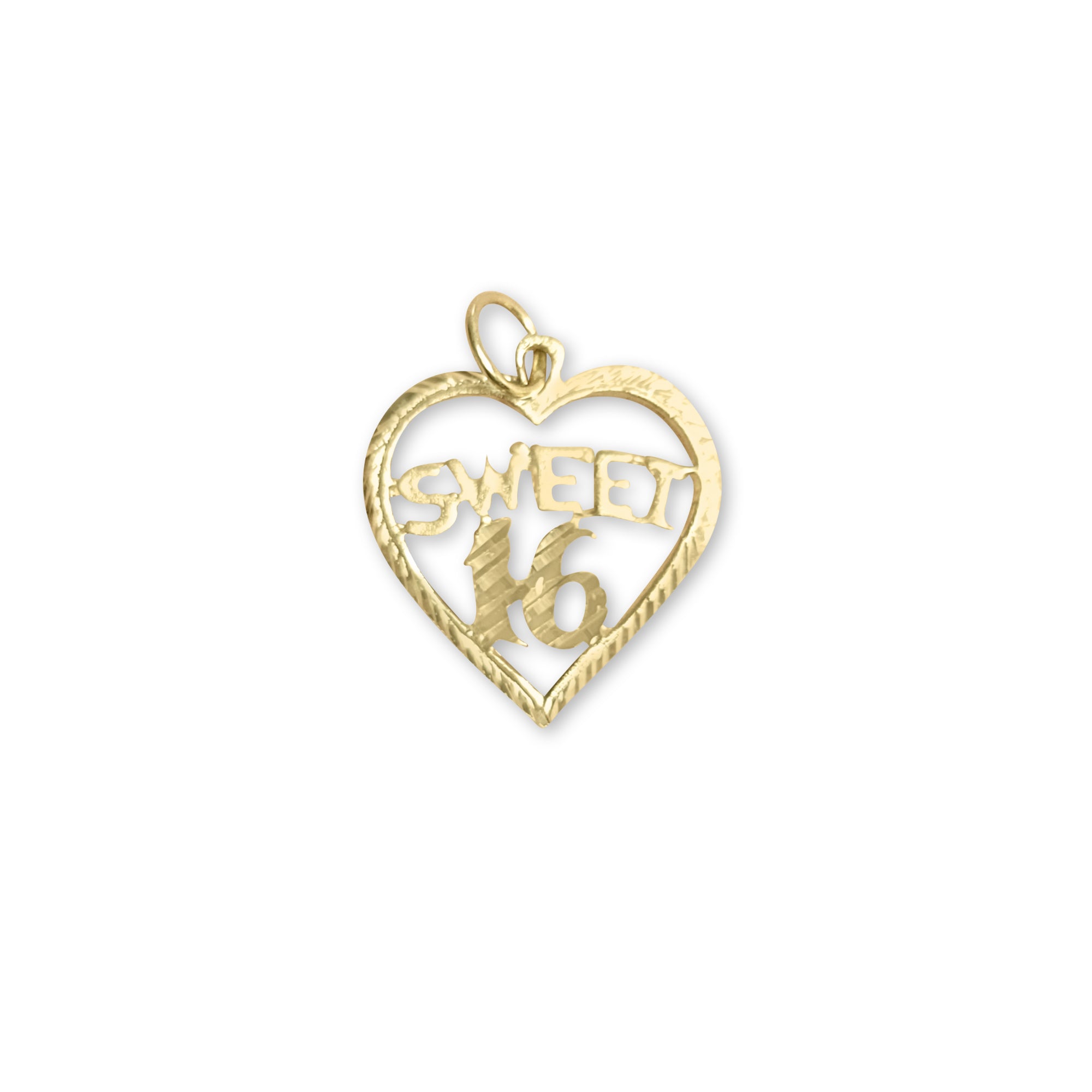 Heart Shaped Sweet 16 Charm/Pendant with Diamond Cuts 14k Yellow Gold