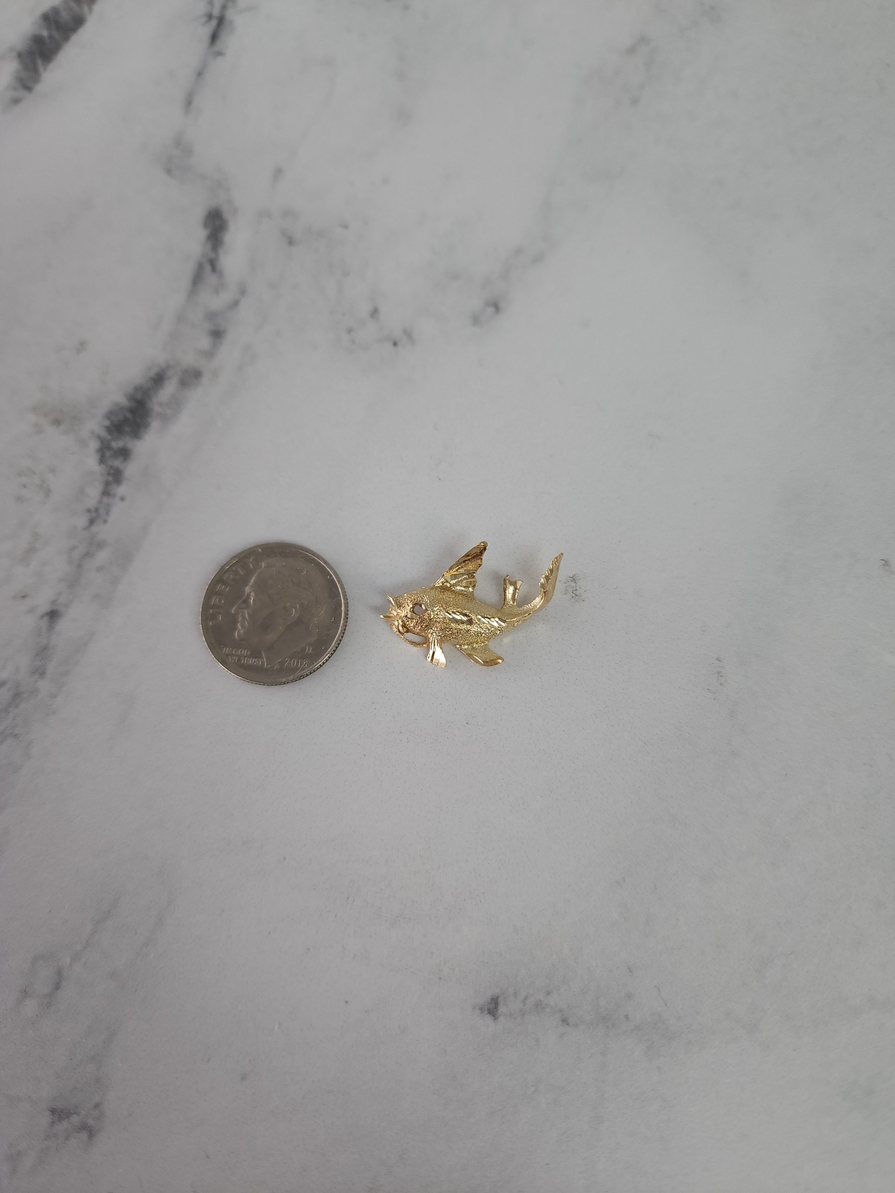 Sand Textured Fish Charm with Diamond Cuts 14k Yellow Gold