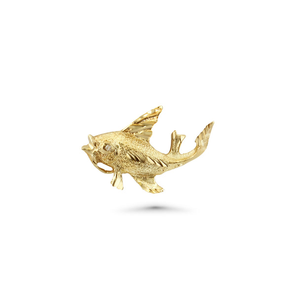 Sand Textured Fish Charm with Diamond Cuts 14k Yellow Gold