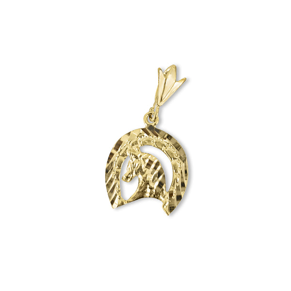 Horseshoe with Horsehead with Diamond Cuts Charm/Pendant 14k Yellow Gold