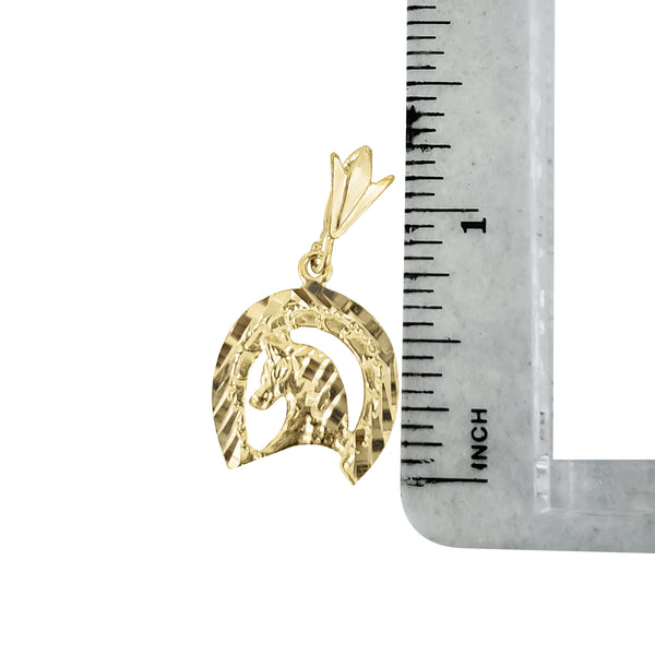 Horseshoe with Horsehead with Diamond Cuts Charm/Pendant 14k Yellow Gold