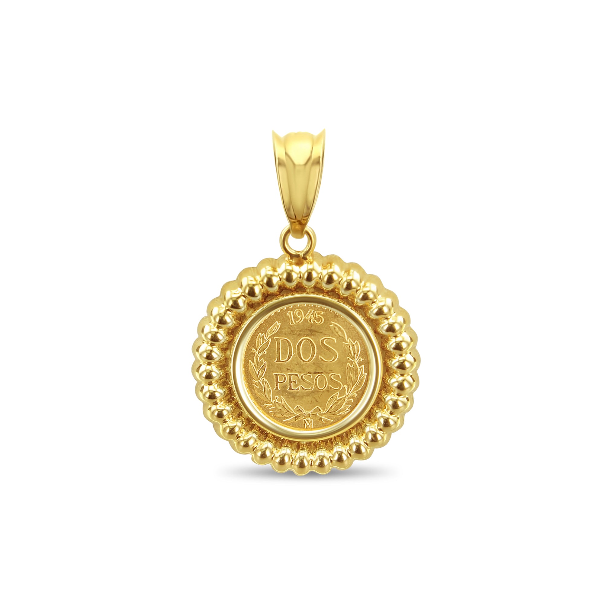 1945 Dos Pesos Gold Necklace Shrimp 14k Yellow Gold Bezel