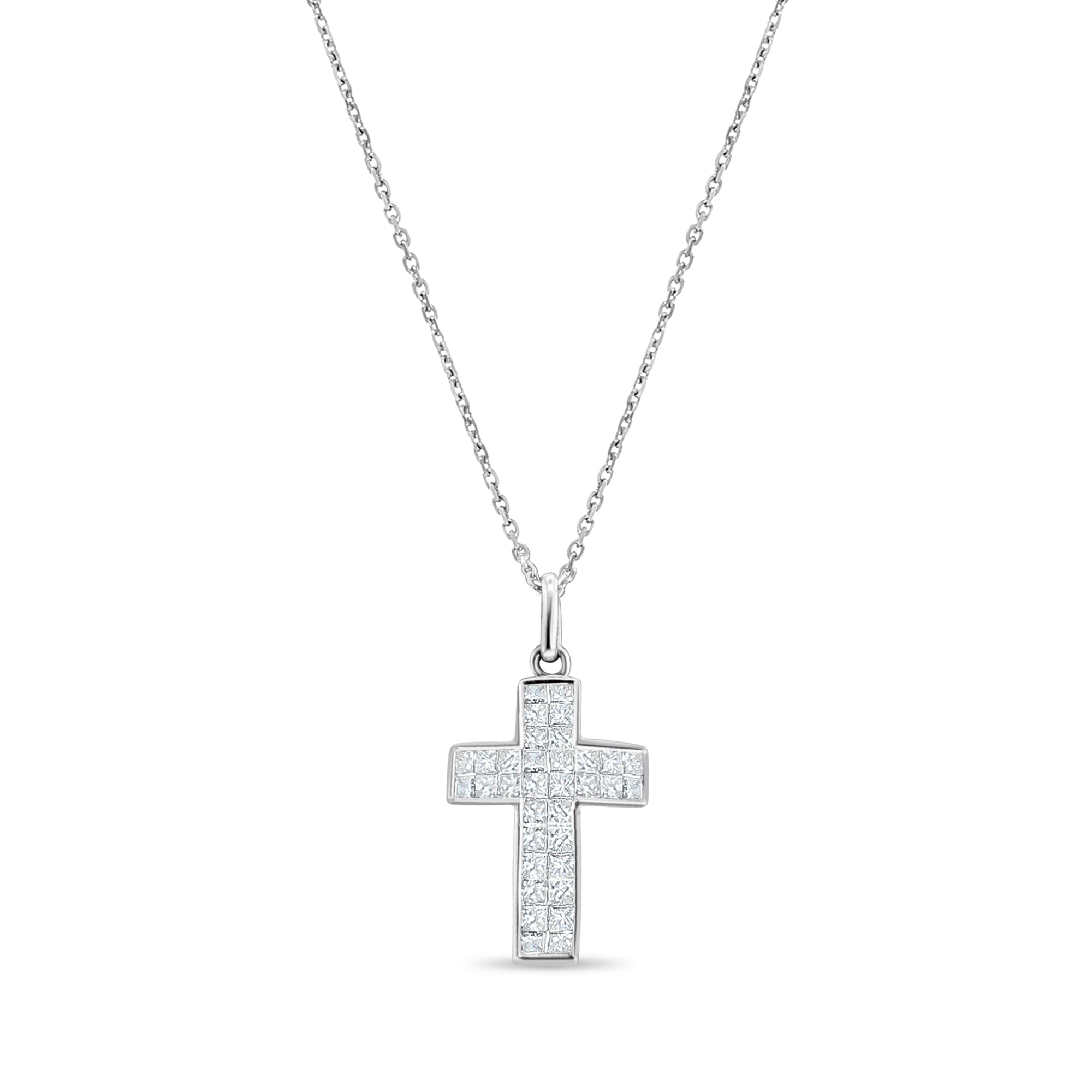 Pendentif croix en diamant taille princesse 1,07 ct en or blanc 14 carats