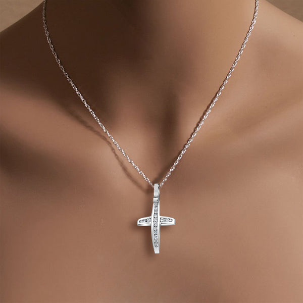 Half Carat Channel Diamond Cross Necklace 14k White Gold