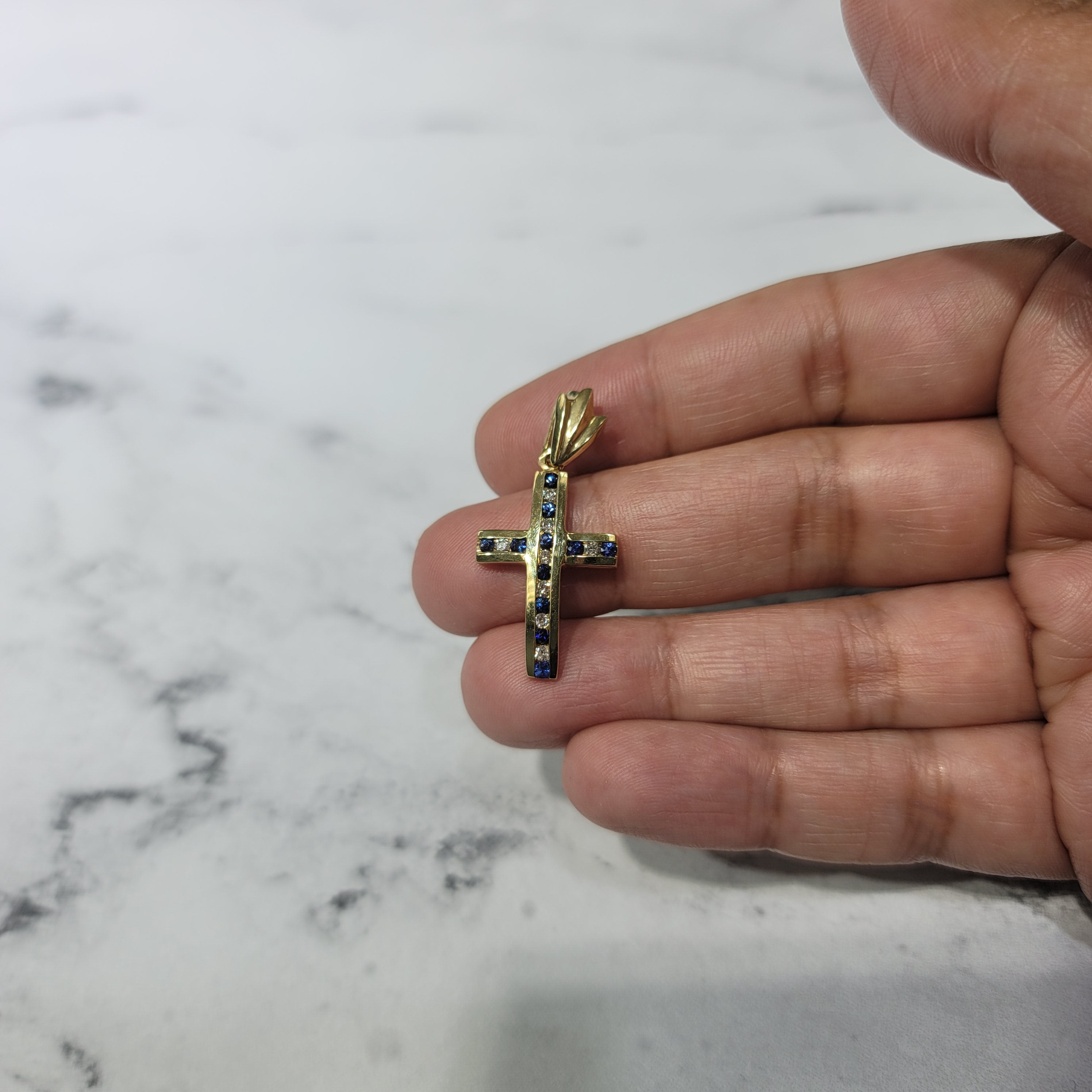 Sapphire Diamond Cross Pendant .50cttw 14K Yellow Gold