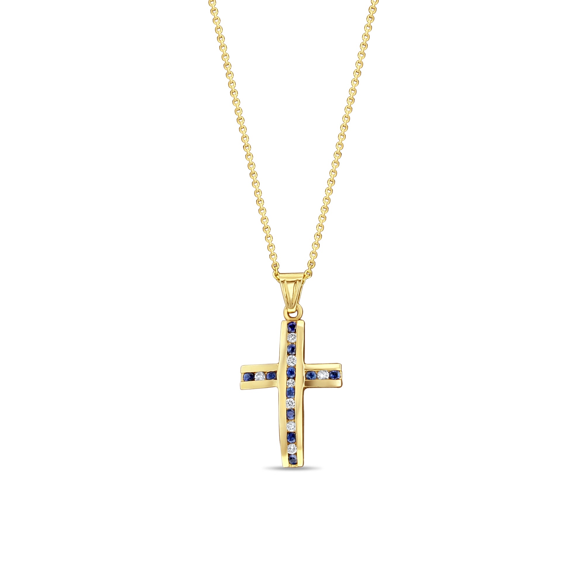 Half Carat Channel-Set Sapphire Diamond Cross Necklace