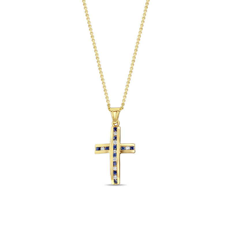 Half Carat Channel-Set Sapphire Diamond Cross Necklace