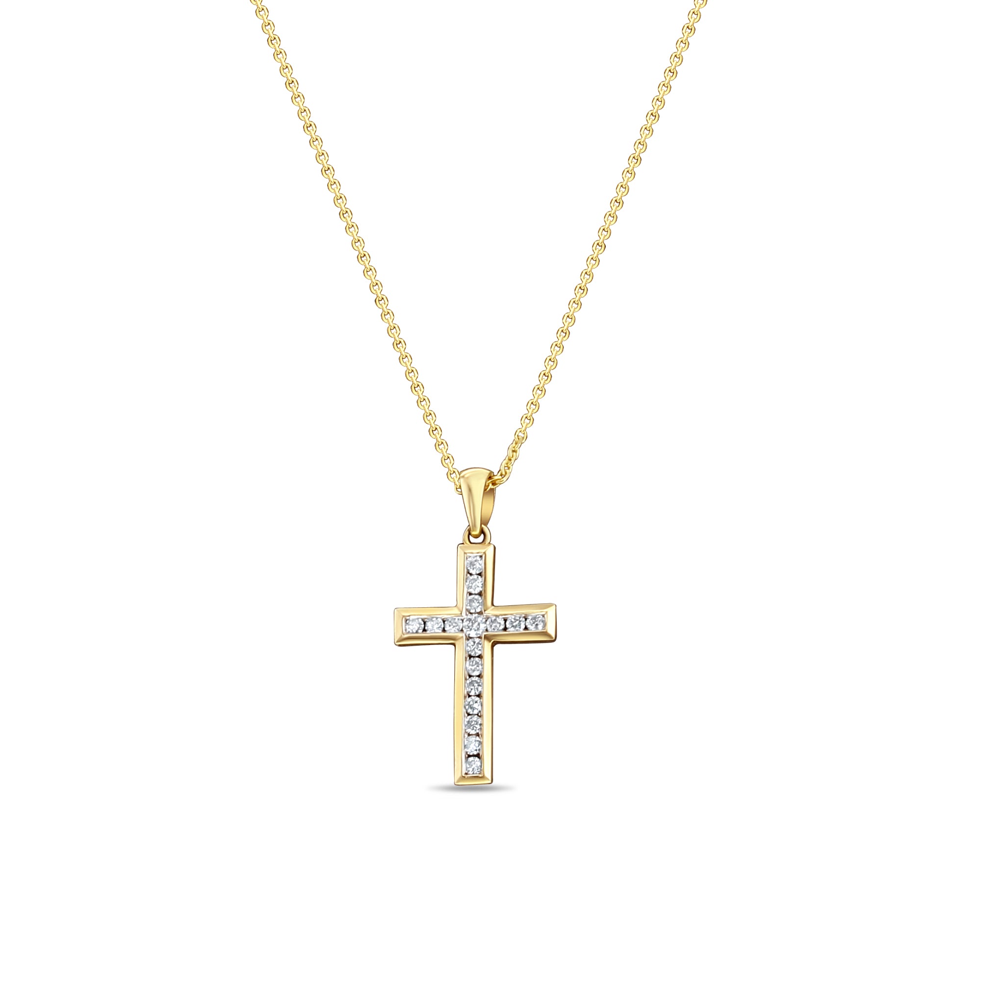 Collier croix en or jaune 14 carats avec diamants sertis en canal 1/3 ct