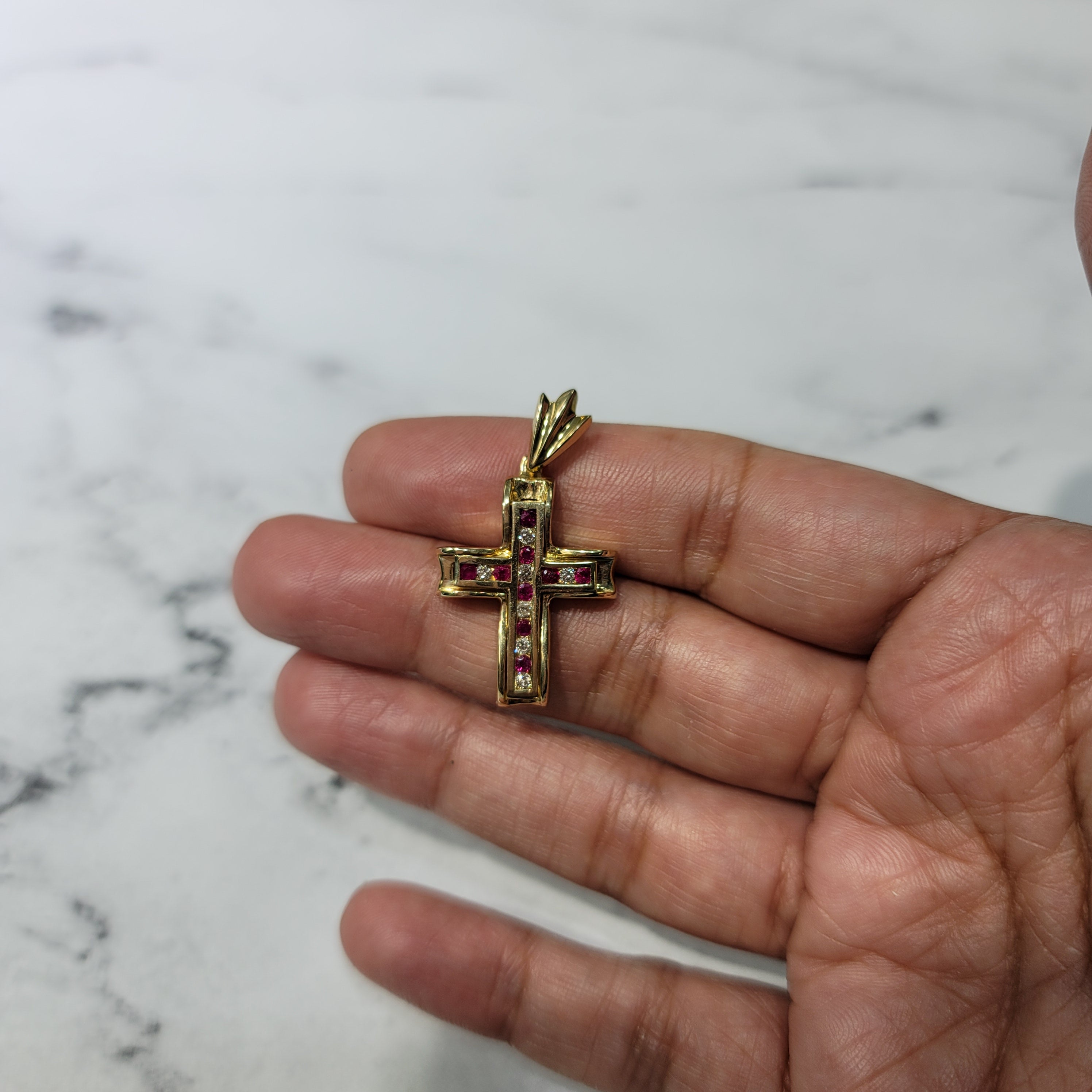 Diamond Ruby Cross Pendant .50cttw 14K Yellow Gold