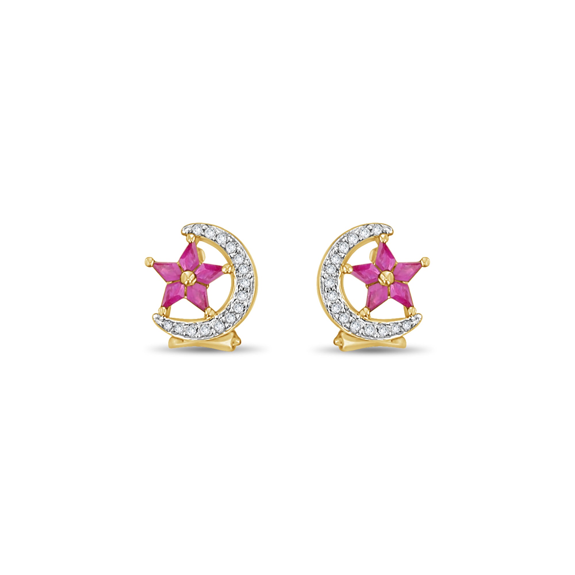 Pendientes de diamantes y rubíes con forma de estrella y luna creciente de 1,14 ct en oro amarillo de 14 k