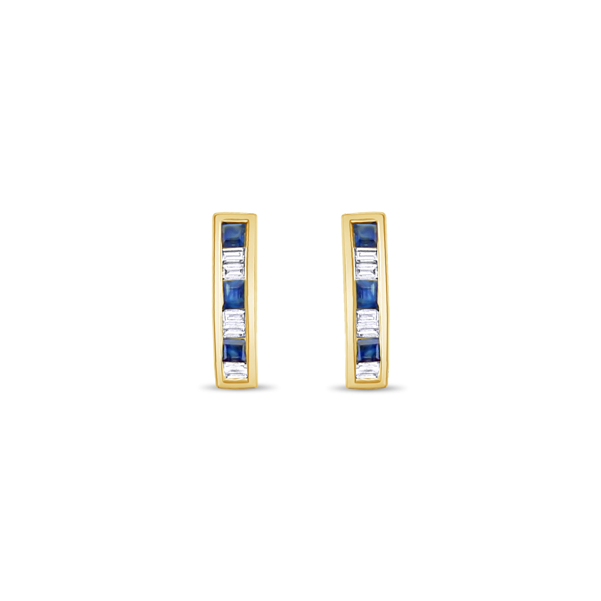 Boucles d'oreilles en or jaune 14 carats avec saphirs et diamants baguettes, 80 ct