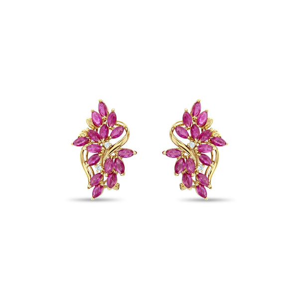 Ruby Floral Cluster Earrings 14k Yellow Gold