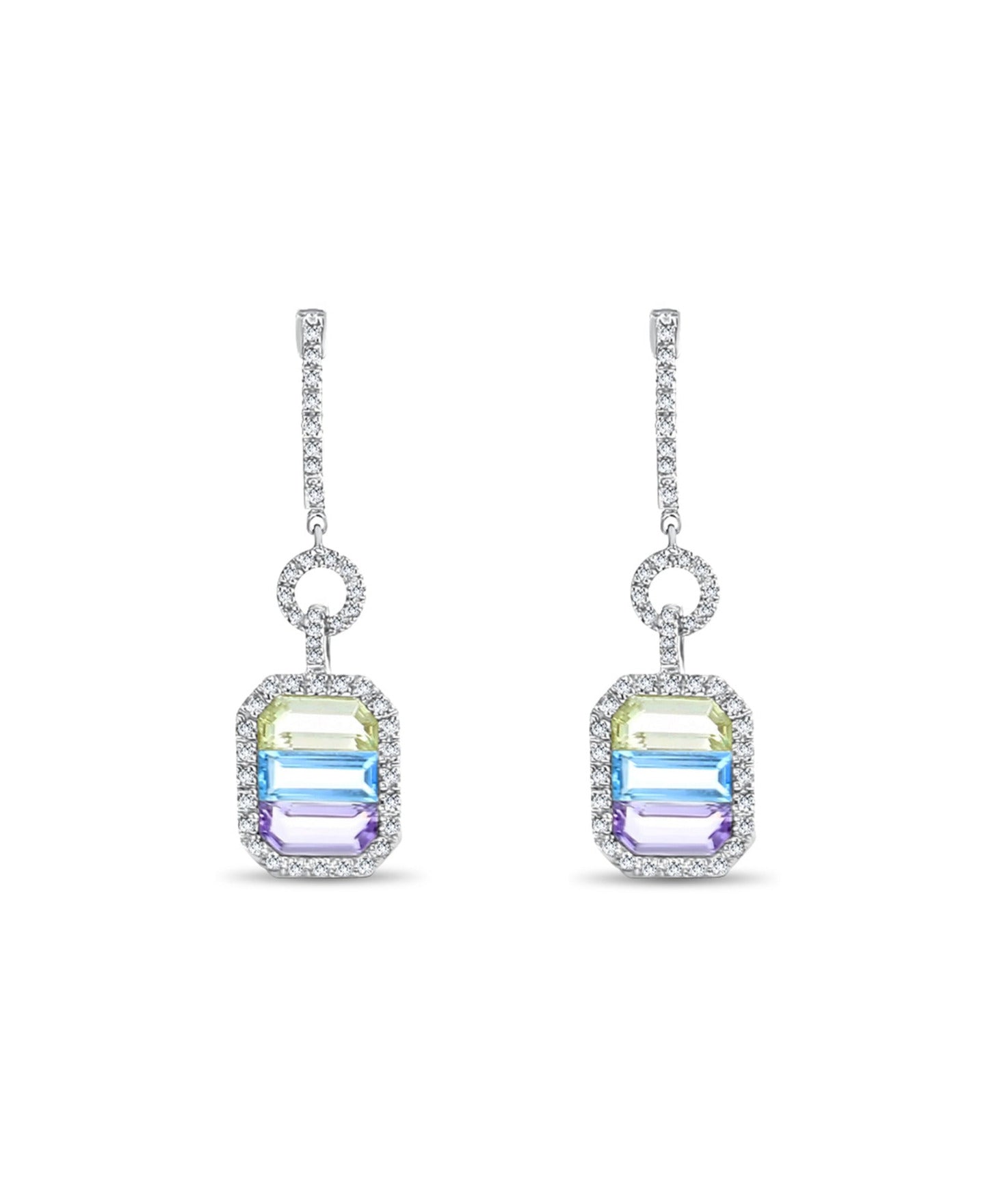 Pendientes colgantes de diamantes con cuarzo lavanda, amatista rosa y topacio azul