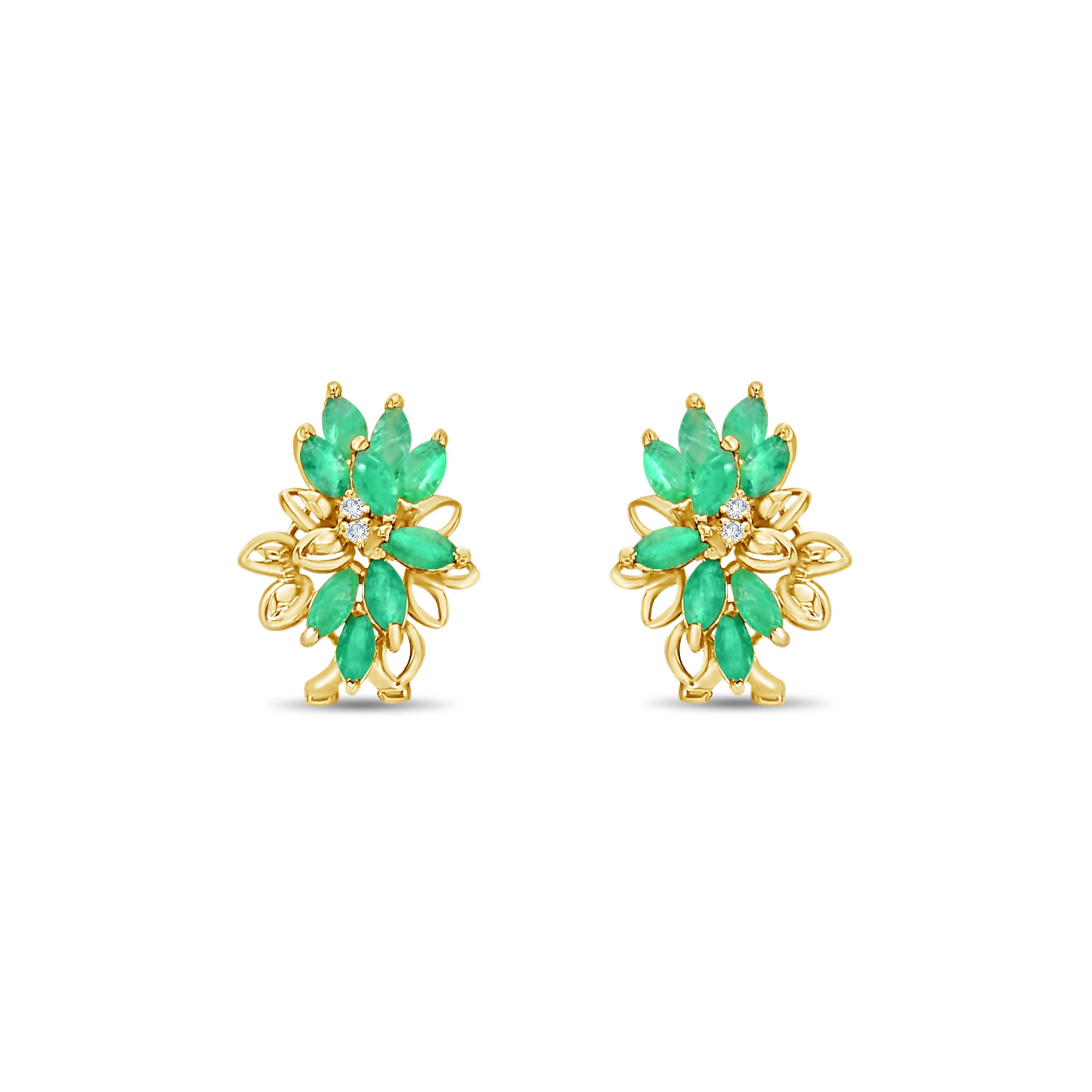 Emerald Cluster Floral Earrings  14k Yellow Gold