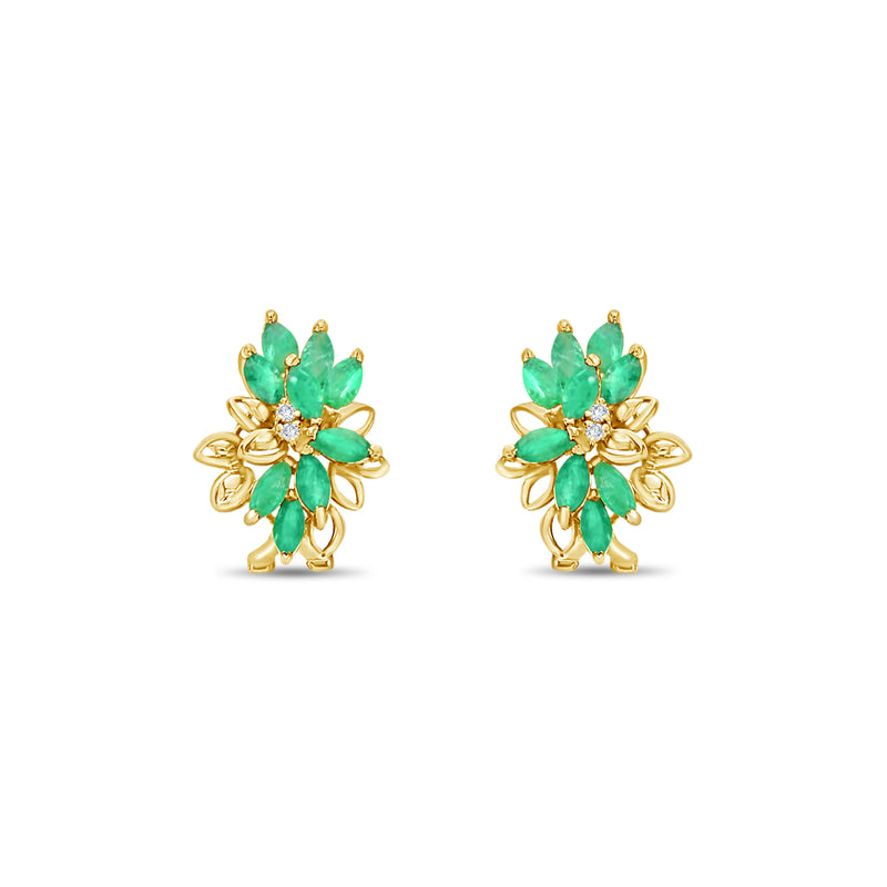 Emerald Cluster Floral Earrings  14k Yellow Gold