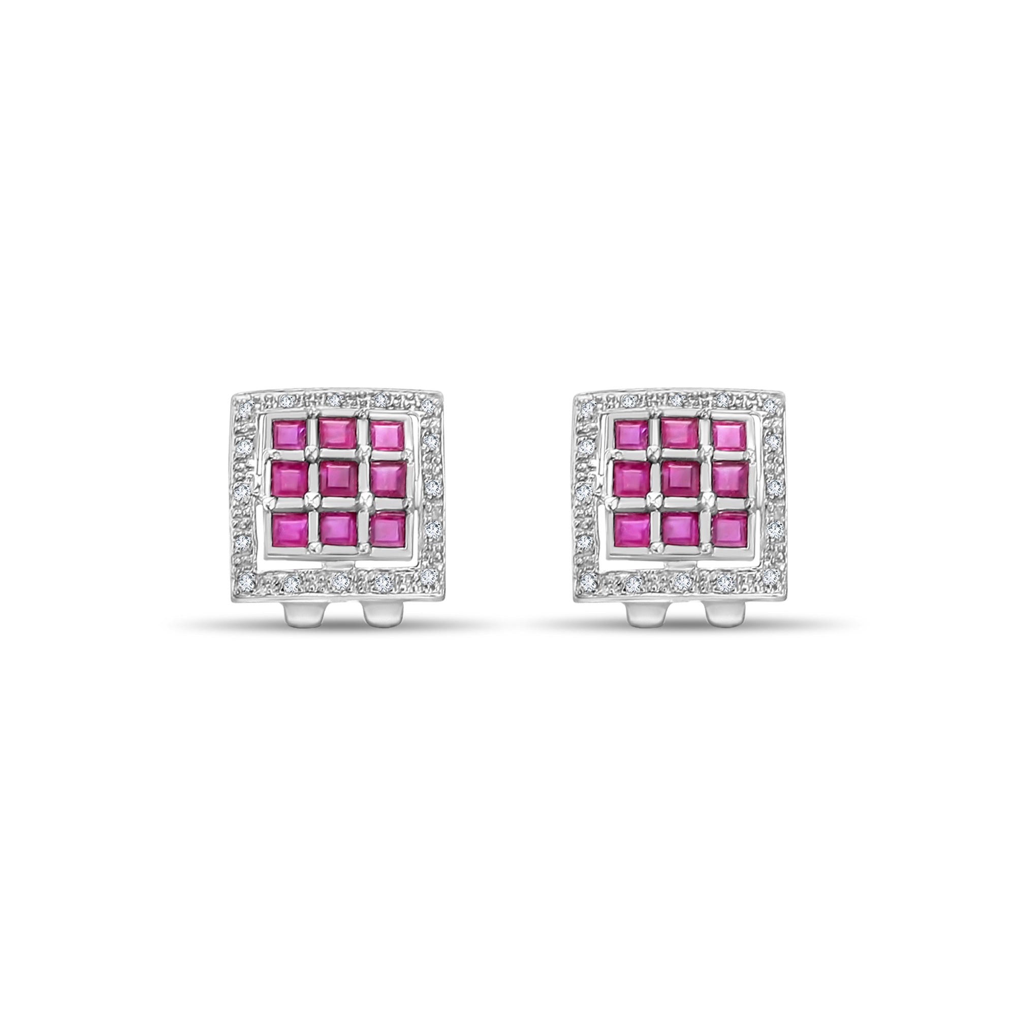 Square Pave Diamond Ruby Earrings 14k White Gold