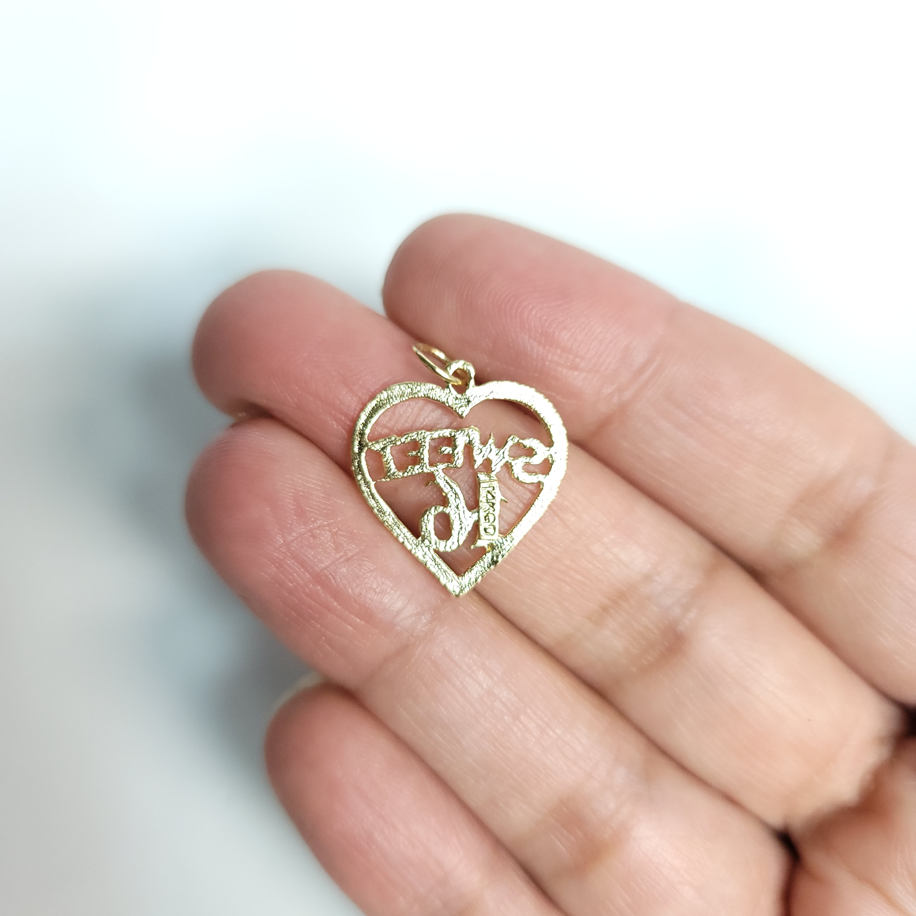 Heart Shaped Sweet 16 Charm/Pendant with Diamond Cuts 14k Yellow Gold