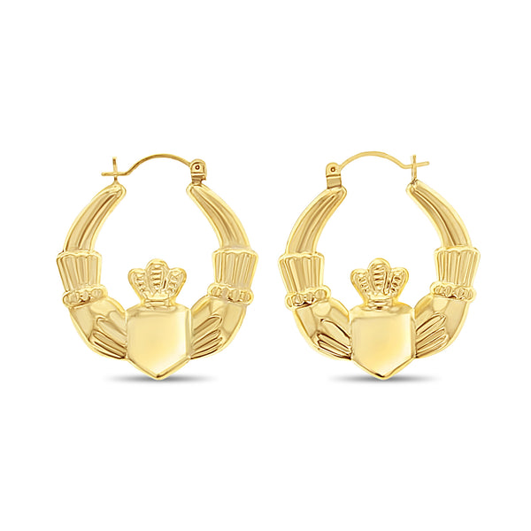 Polished Claddagh Hoops 14k Yellow Gold