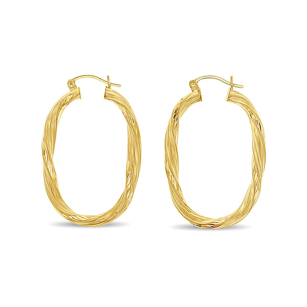Oval Twisted Diamond Cut Gold Hoops 14k Yellow Gold
