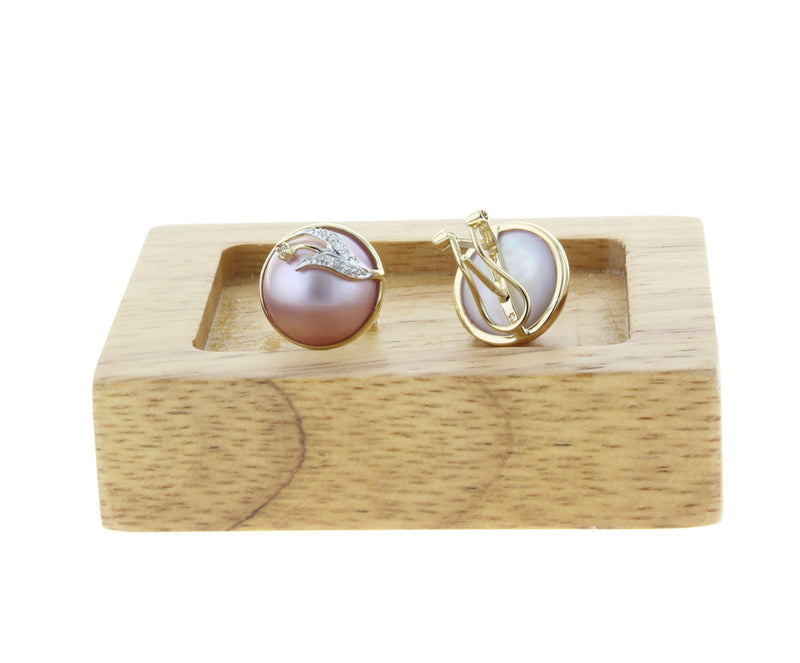 Pink Mother of Pearl Diamond Earrings 14k Yellow Gold