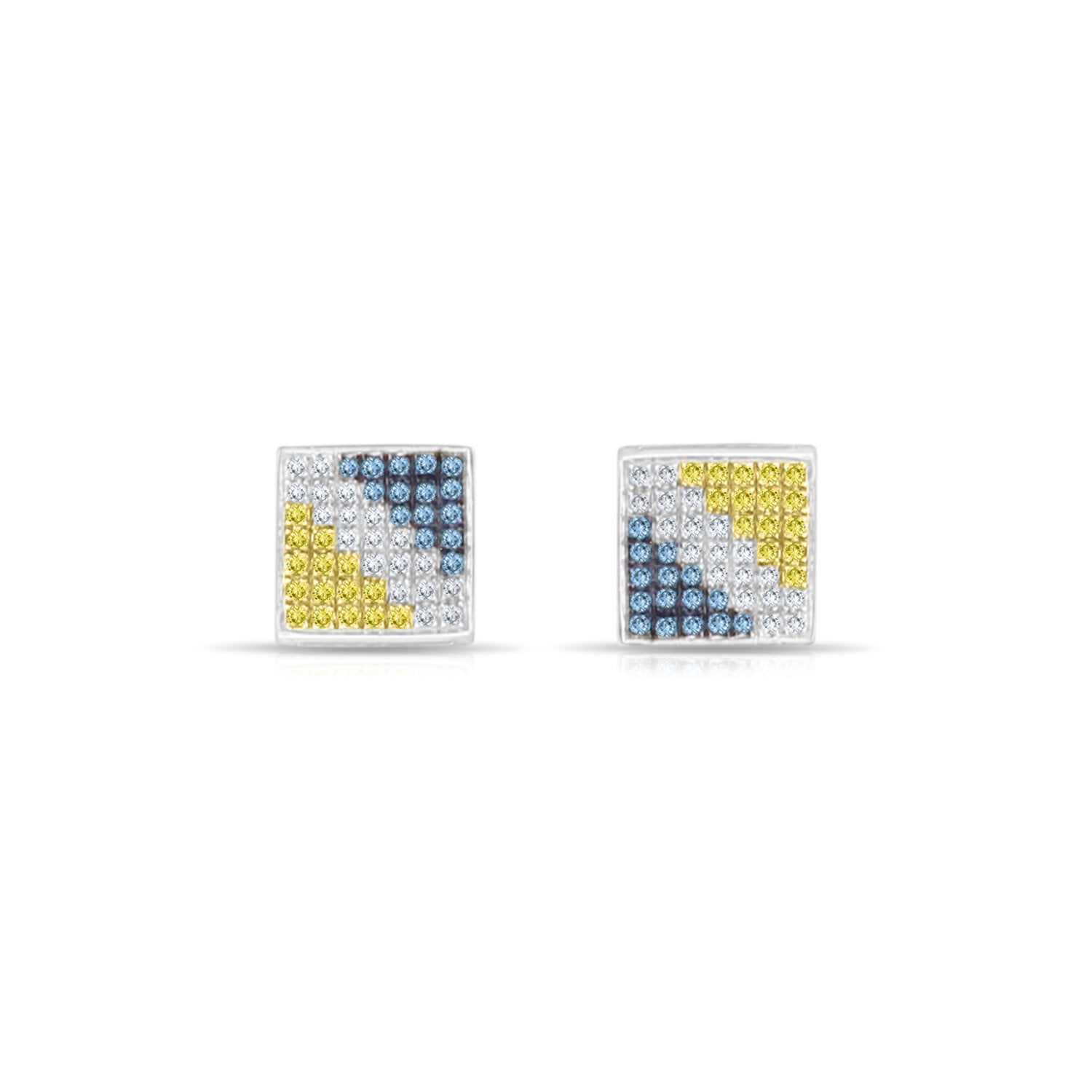 Blue White Yellow Diamond Square Earrings .60cttw 14k White Gold