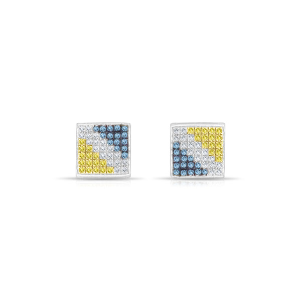 Blue White Yellow Diamond Square Earrings .60cttw 14k White Gold
