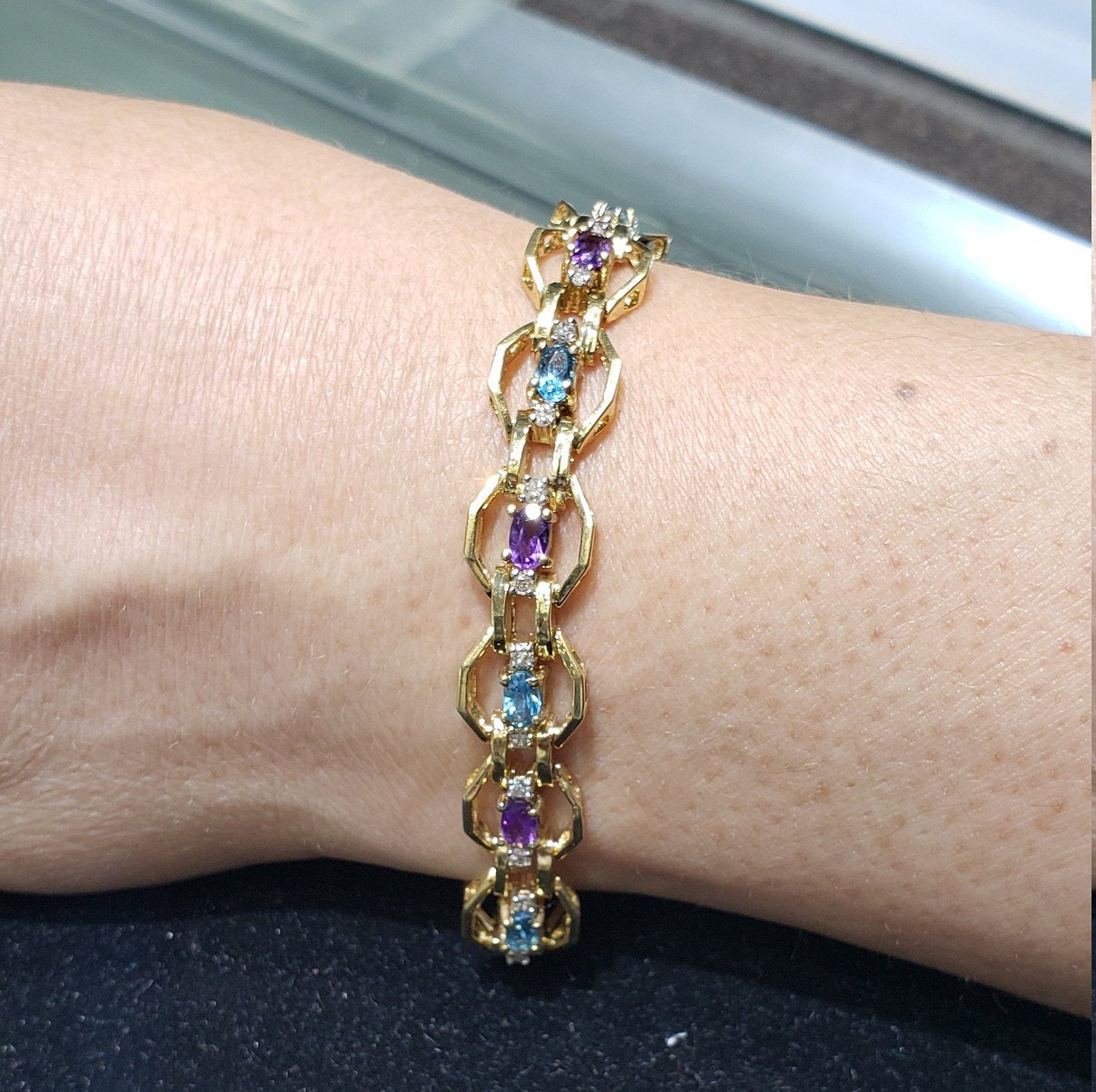 Diamond, Amethyst & Blue Topaz Tennis Bracelet 7.28cttw 14k Yellow Gold