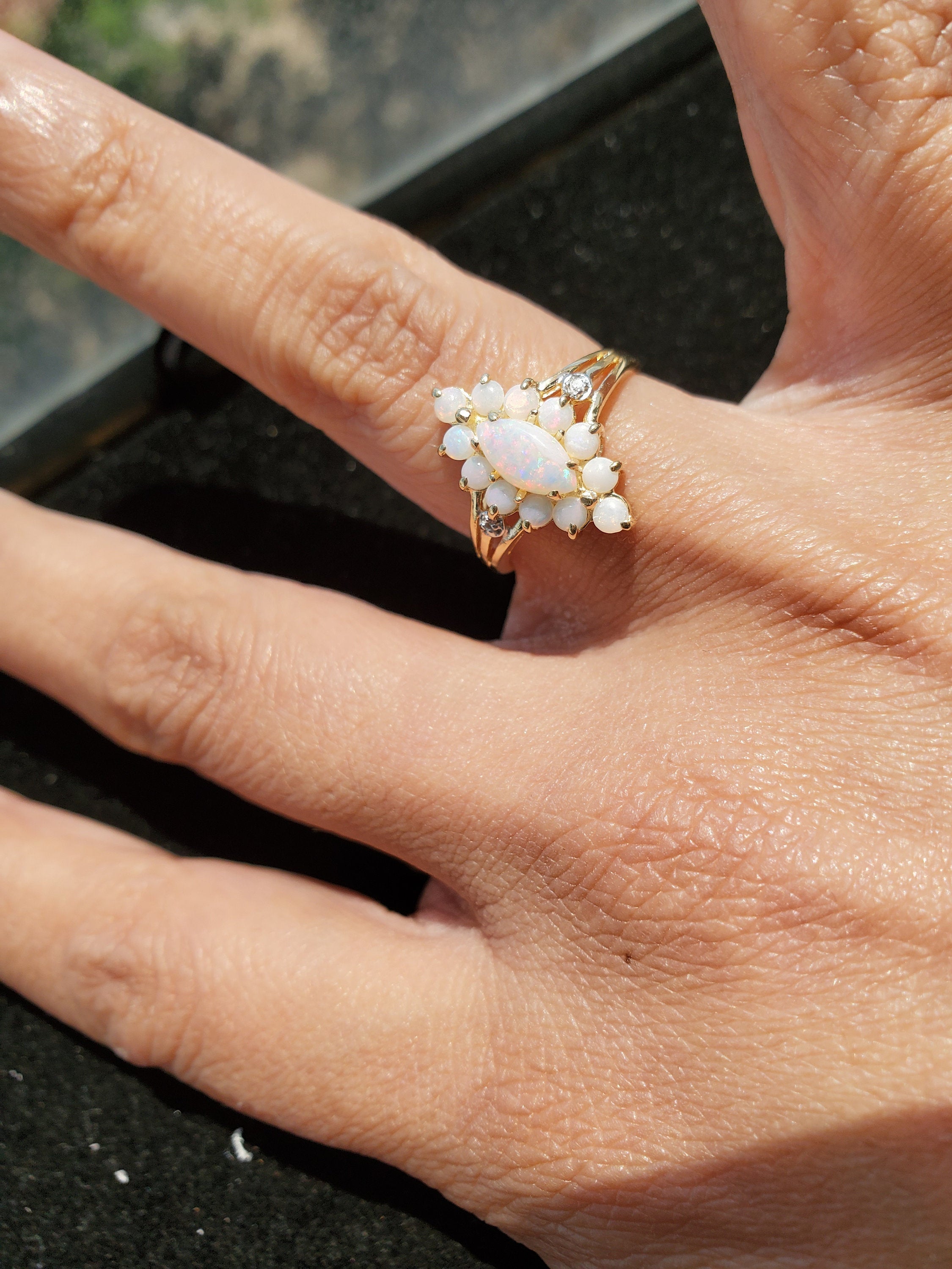 Stunning Cluster Opal Ring 10k Yellow Gold