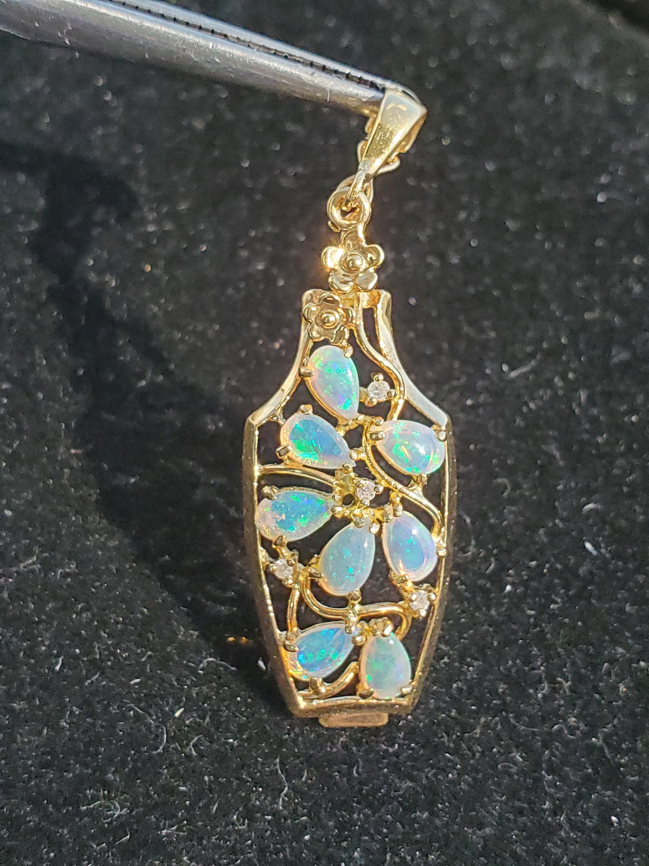 Vase Full of Pear Shaped Opals Necklace 14k Yellow Gold