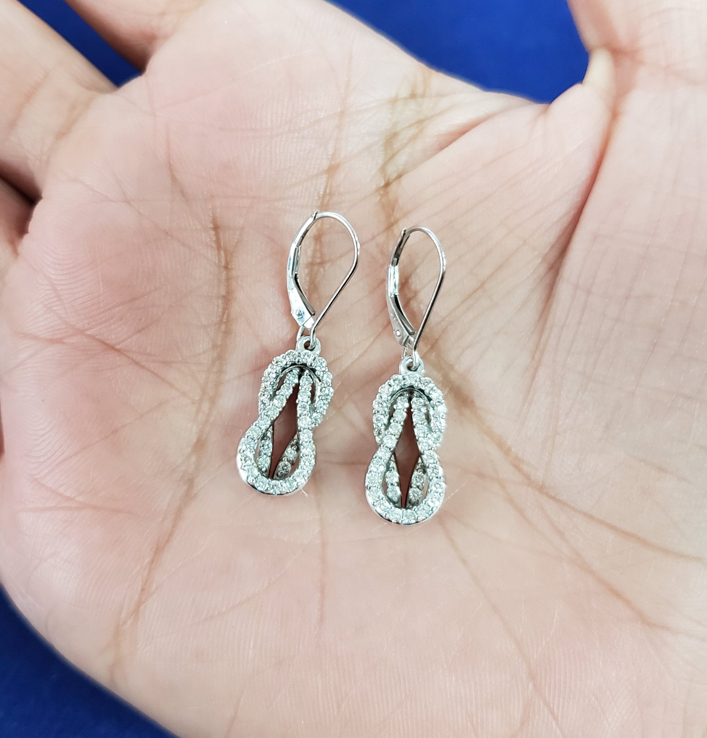 Love Knot Drop Dangling Diamond Earrings .75cttw 14K White Gold