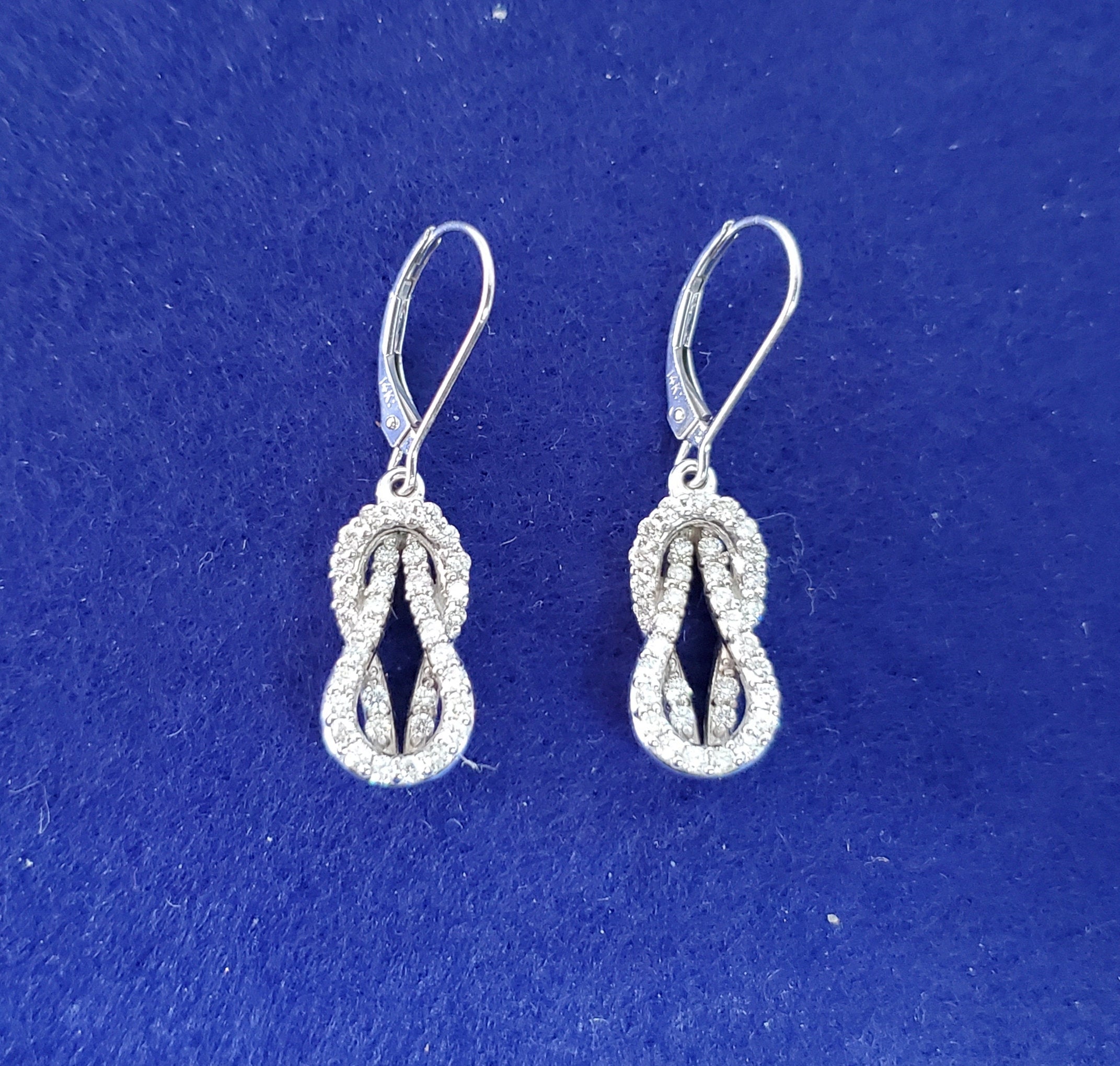 Love Knot Drop Dangling Diamond Earrings .75cttw 14K White Gold