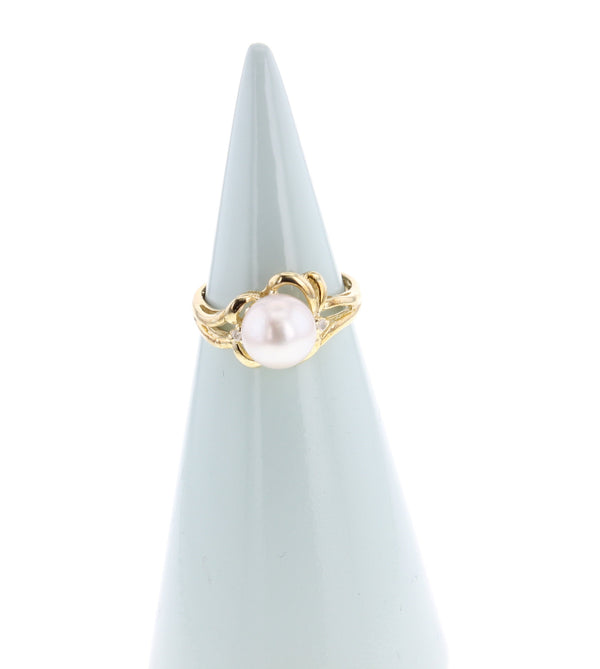 Solitaire 8MM Pearl Ring with Diamond 14k Yellow Gold Ring