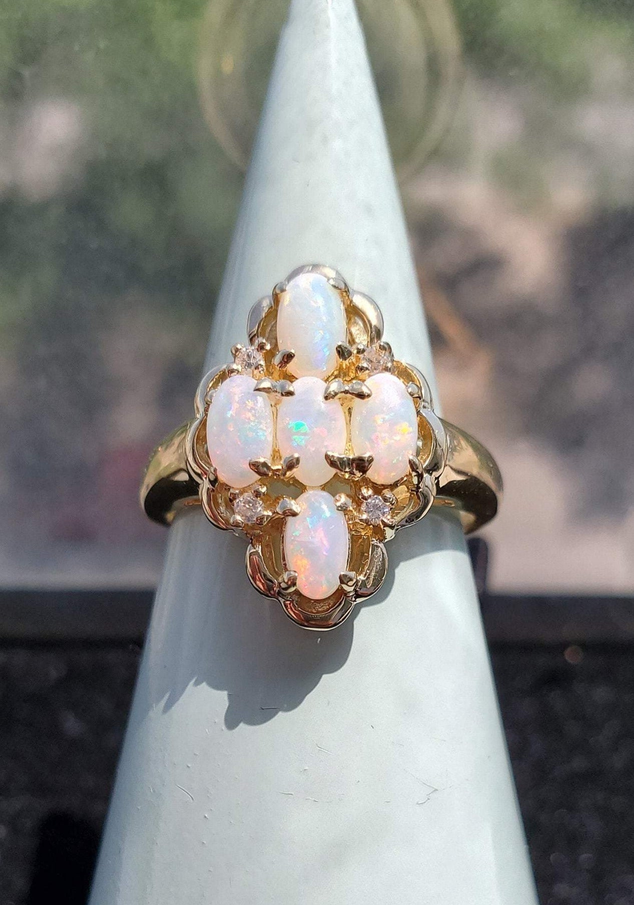 Opal Cluster Diamond Ring 10k Yellow Gold