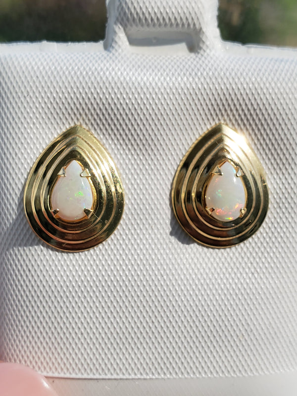 Pear Shaped Opal Earrings 14k Yellow Gold