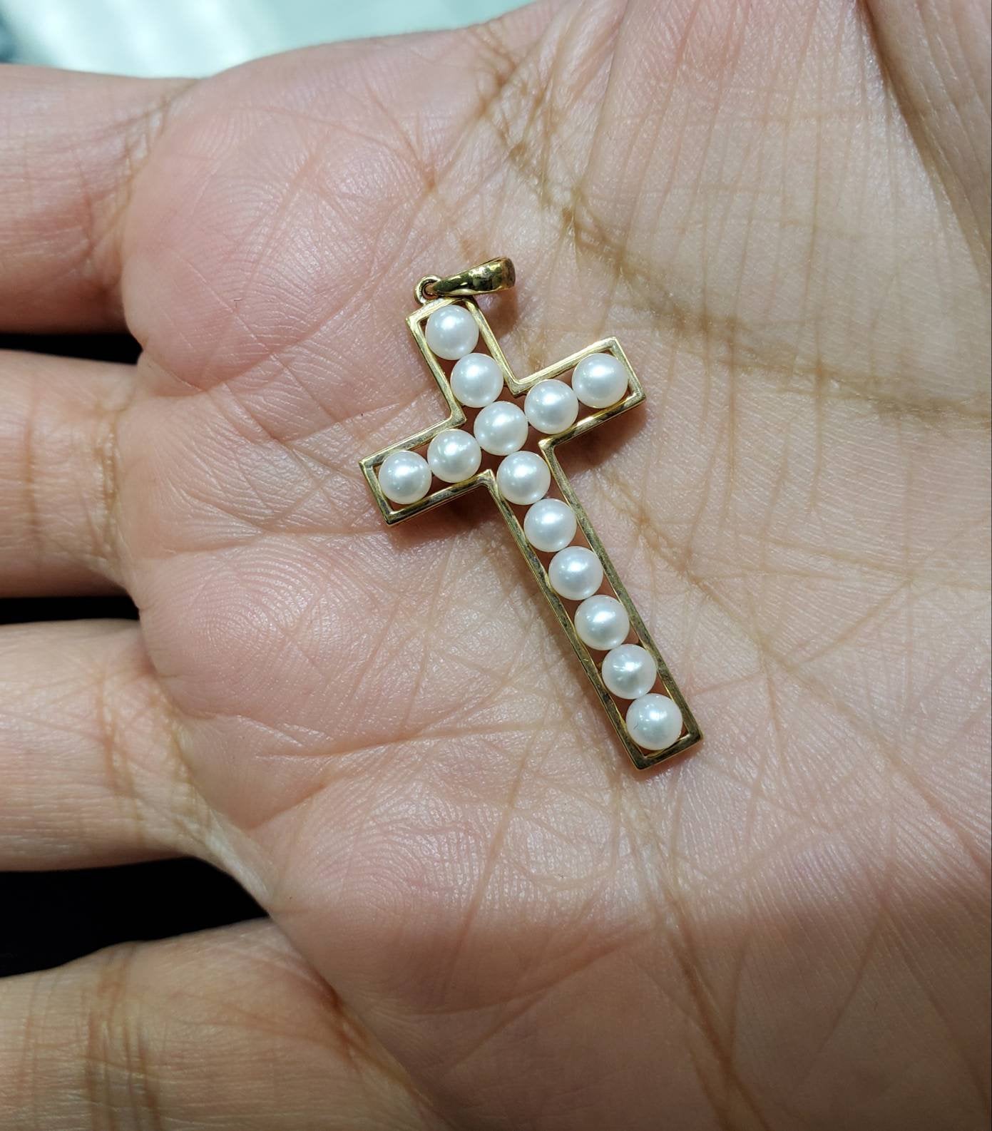 Pearl Cross Pendant 14k White Gold or 14k Yellow Gold