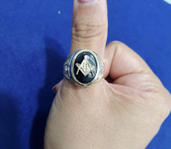 Men's Onyx Free Mason Gold Ring 14k Two-Toned Gold