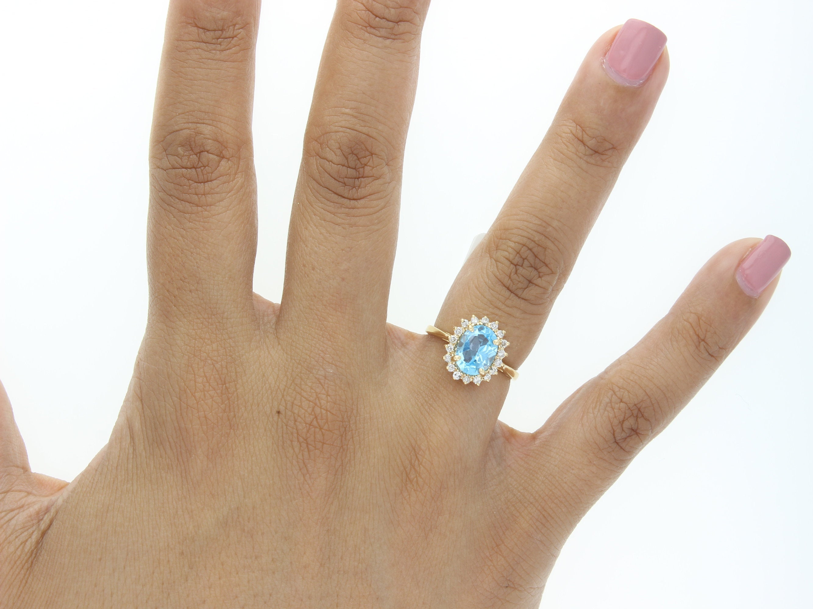 Blue Topaz Diamond Halo Ring .50cttw 14K Yellow Gold