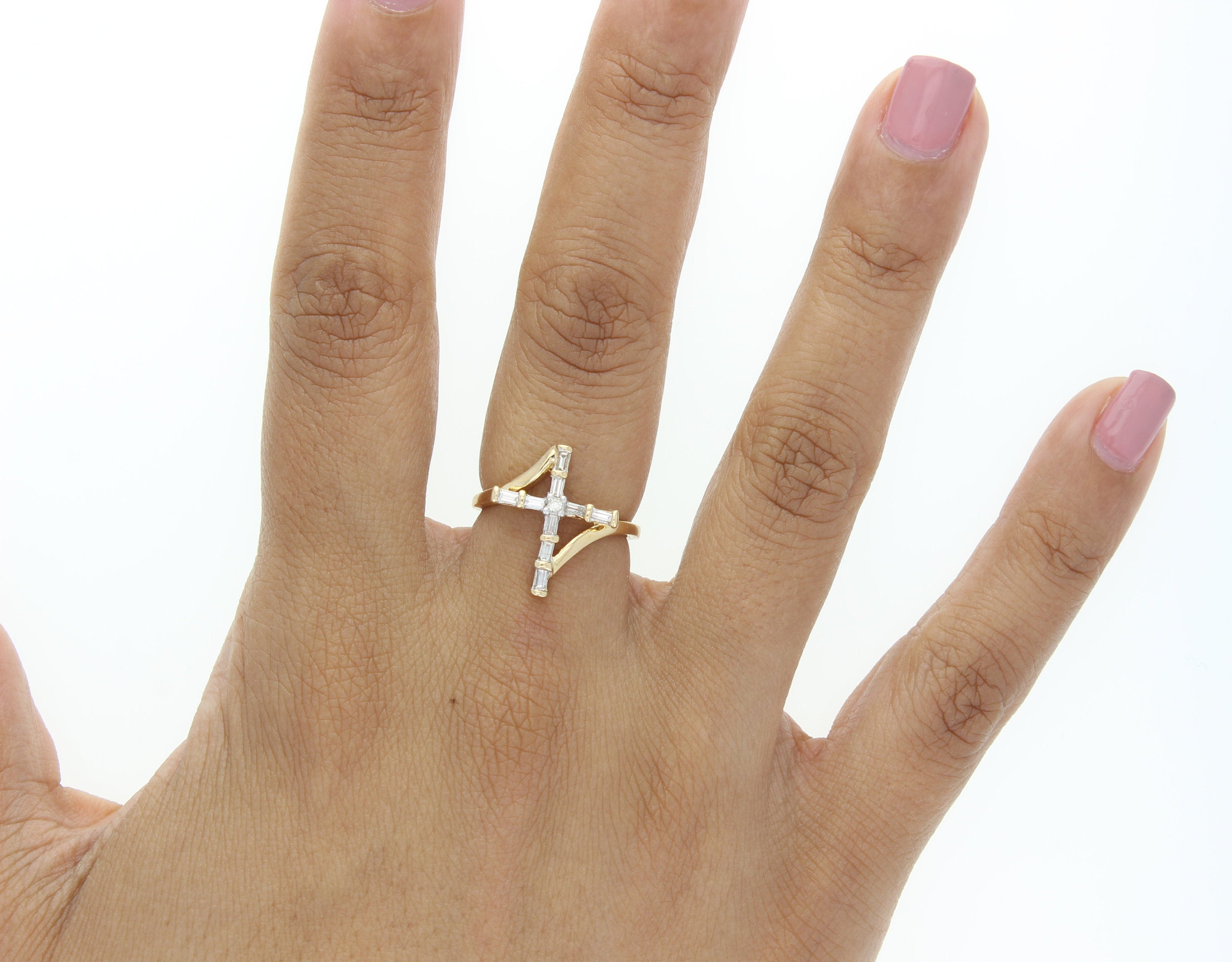 Baguette Diamond Cross Ring .20cttw 14K Yellow Gold