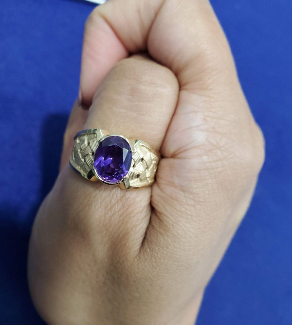 Oval Amethyst Ring with Basketweave Band 14k Yellow Gold