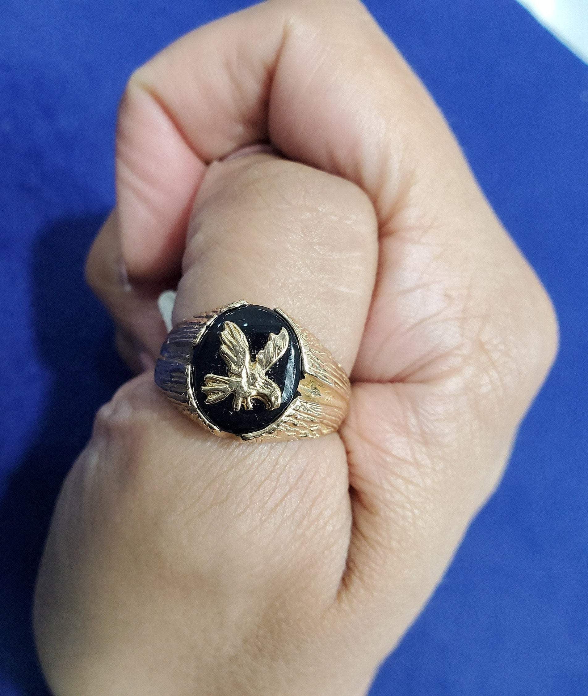 Black Onyx Eagle Ring with Bark Textured Band 14k Yellow Gold