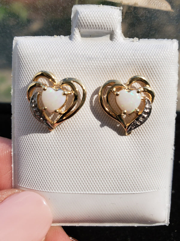 Heart Shaped Opal Studs 14k Yellow Gold