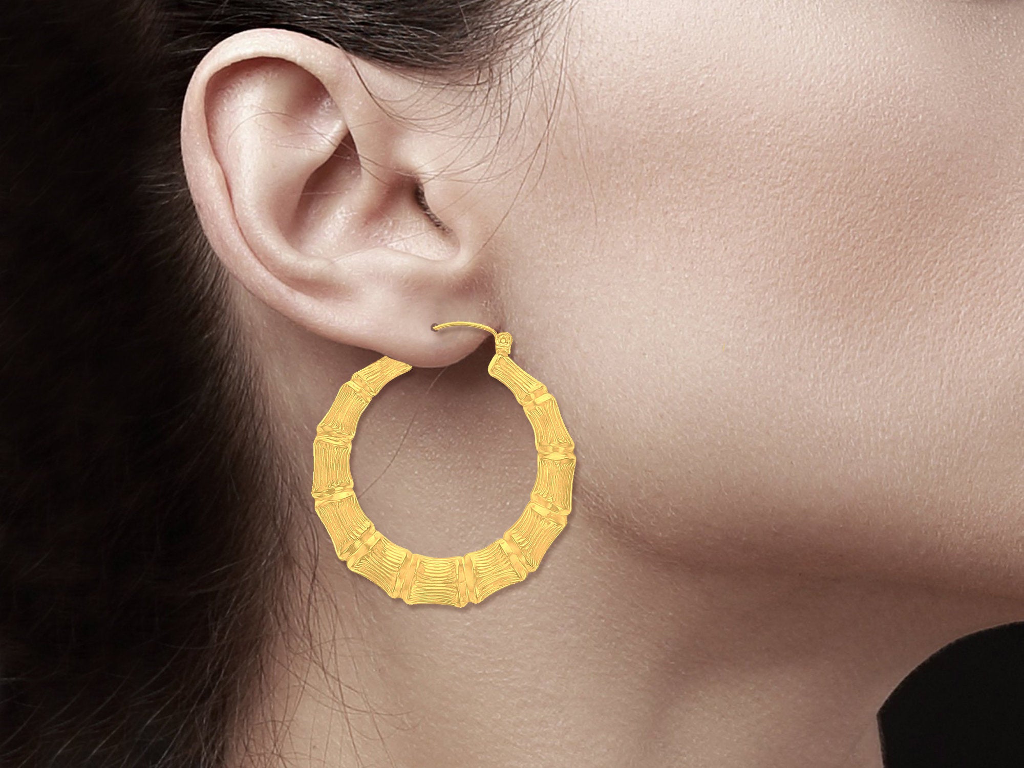 38mm Gold Bamboo Hoops 14k Yellow Gold