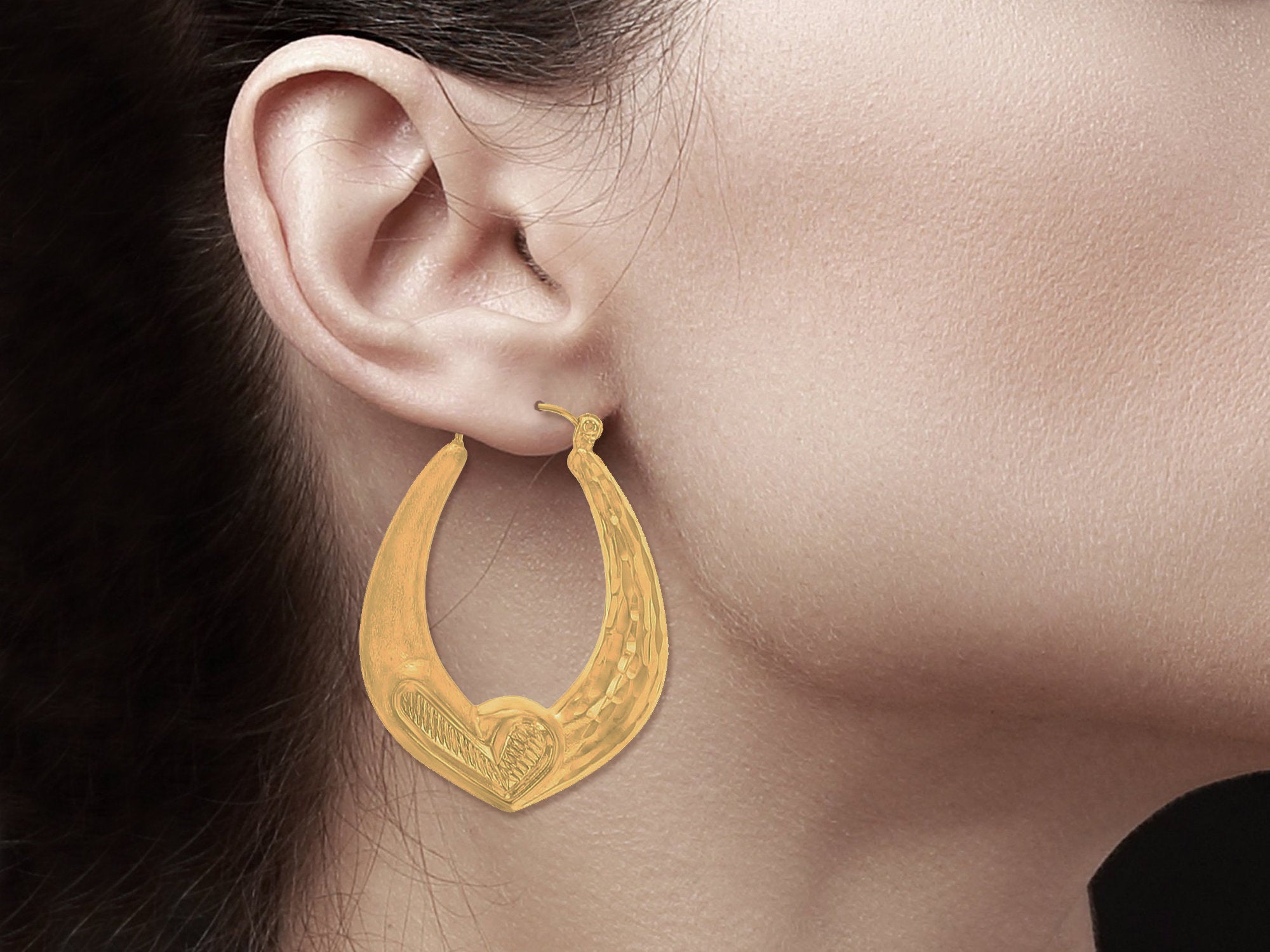 Puffy Check Mark Gold Hoops with Diamond Cut & Satin Finish